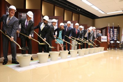 Ceremonial Groundbreaking participants (L to R):  Mr. David Christian, VWMF Chairman Delegate Rich Anderson Commissioner John L Newby II Veterans and Defense Affairs Deputy Secretary Jaime Areizaga –Soto First Lady McAuliffe Governor McAuliffe  Mr. Paul Galanti Mr. Joe Damico, DGS Mr. Will Scribner, Principal at SMBW Mr. Steve Satterfield, VP of Pre-construction at KBS Mr. Jon Hatfield, former Virginia War Memorial Director 